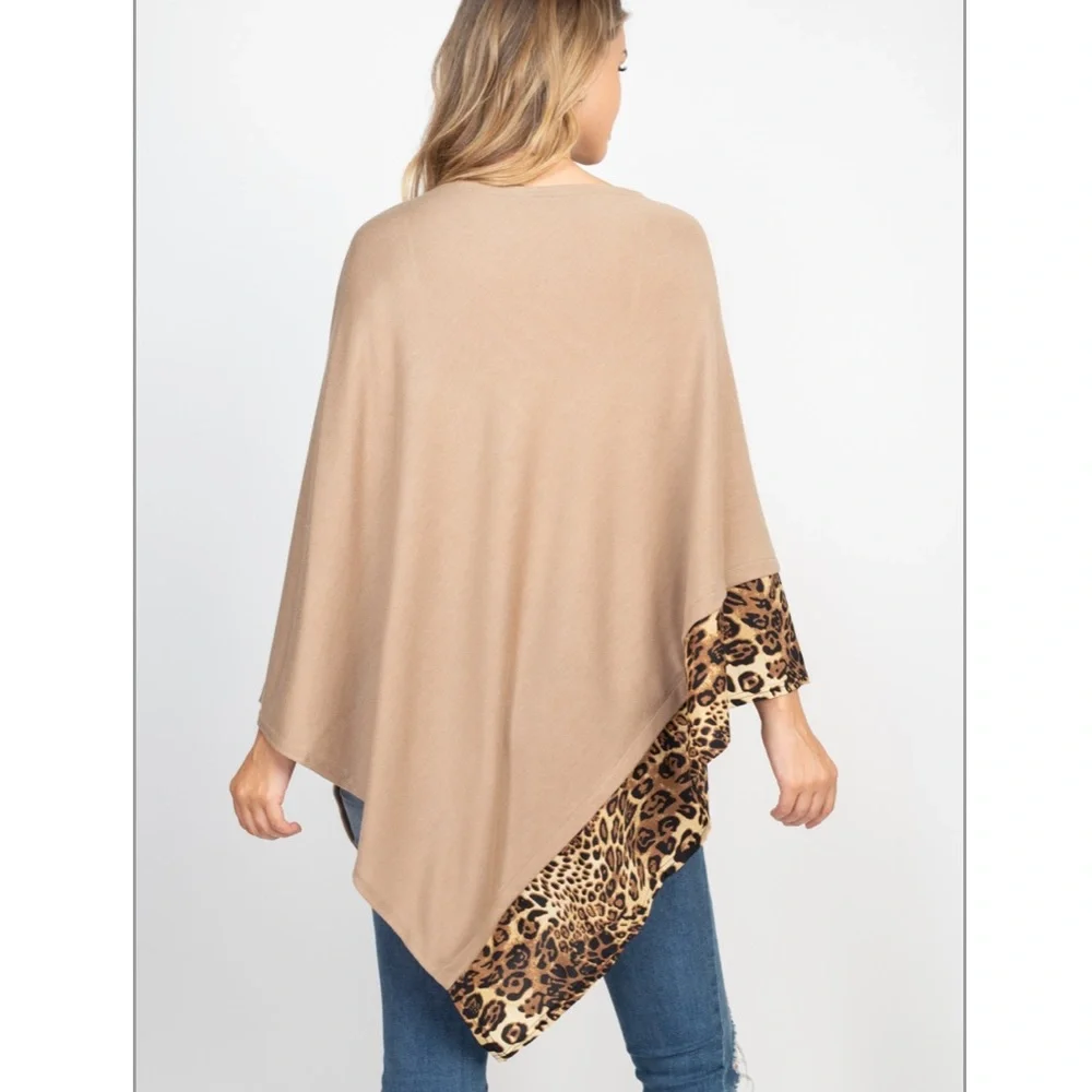 ALL YEAR ROUND LEOPARD TRIM SOLID PONCHO - TAUPE - Picture 2 of 3